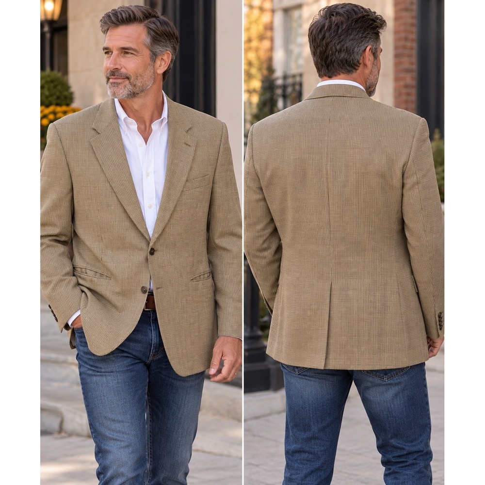 CHAPS Men's Silk Wool Houndstooth Sport Coat Blazer Brown Tan 44R